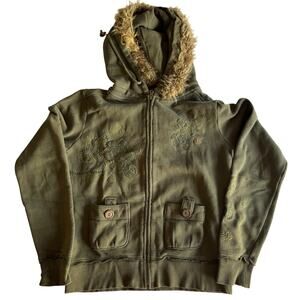 Y2k Element Hoodie Womens Large Green Faux Fur Trim Full Zip Floral Sweatshirt